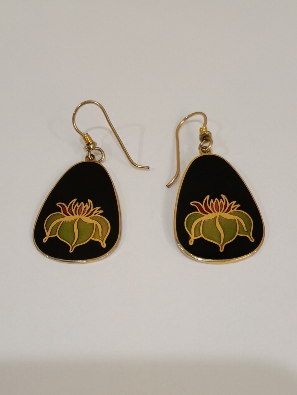 Laurel Burch Black and Gold Lotus Earrings - Vintage 1980s